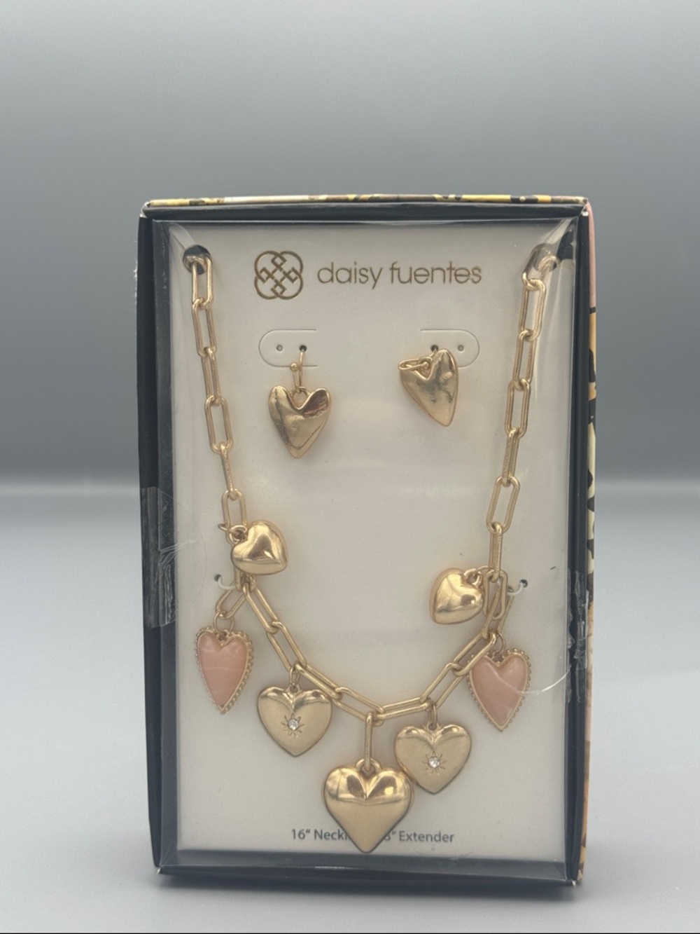 Daisy Fuentes Gold-tone Necklace with Pink Heart Charms & Earrings